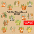 Watercolor Woodland Animals Clipart: Boho Nursery Decor set of 15 PNG (Digital Product)