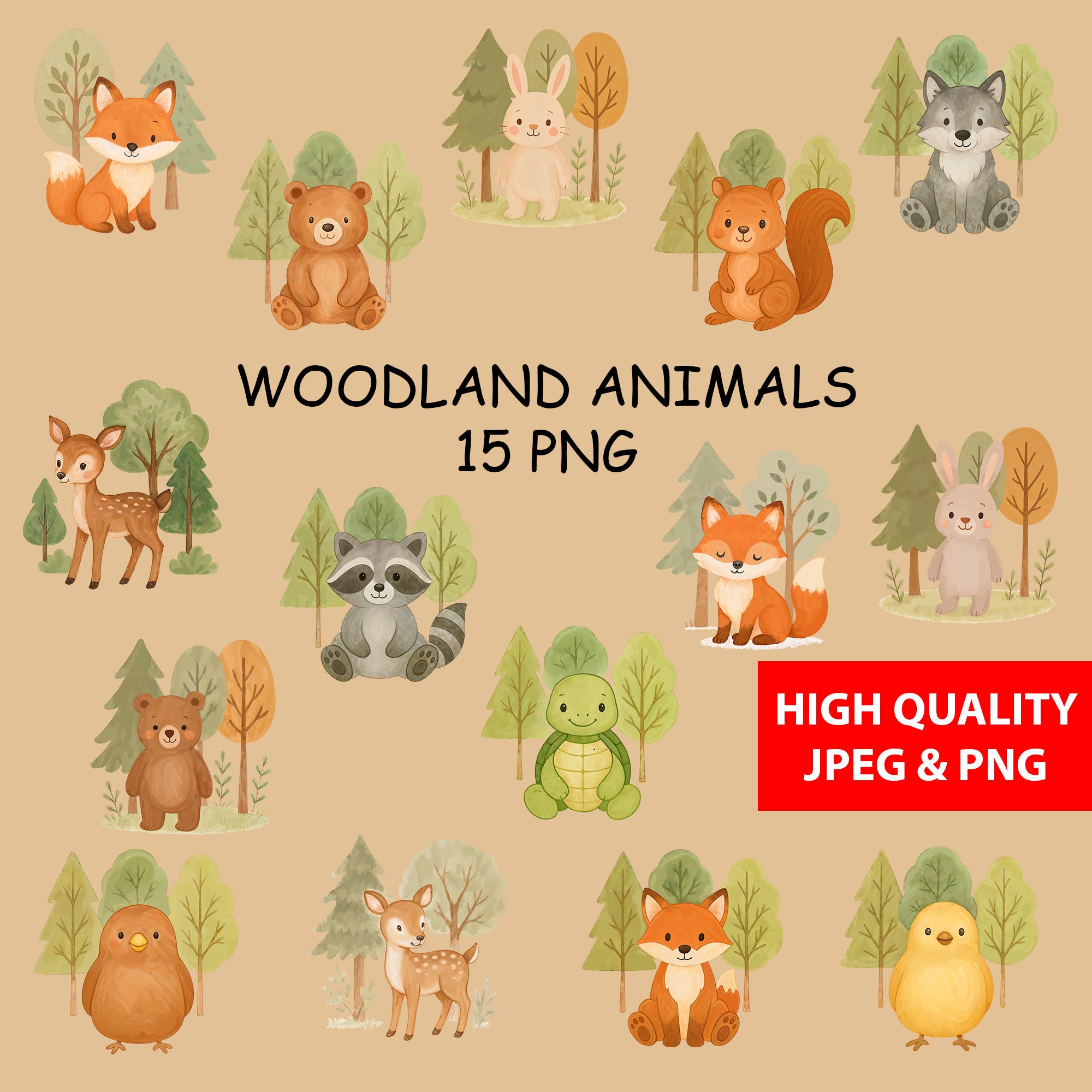 Watercolor Woodland Animals Clipart: Boho Nursery Decor set of 15 PNG (Digital Product)