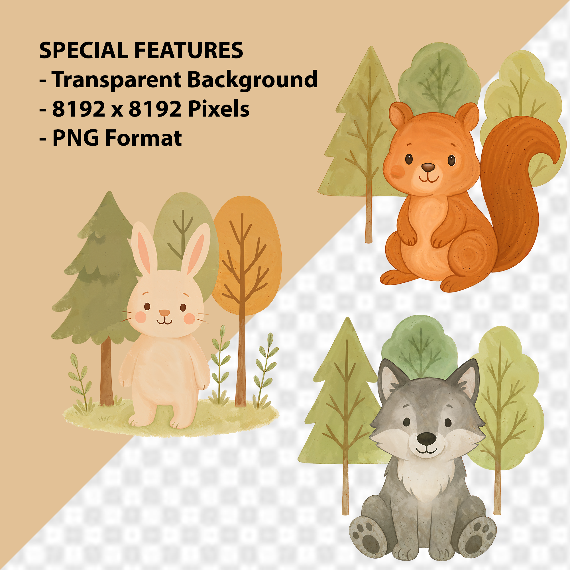 Watercolor Woodland Animals Clipart: Boho Nursery Decor set of 15 PNG (Digital Product)