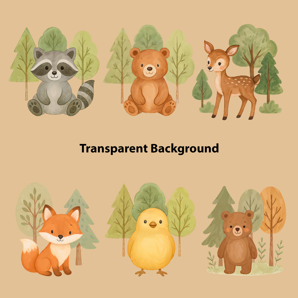 Watercolor Woodland Animals Clipart: Boho Nursery Decor set of 15 PNG (Digital Product)