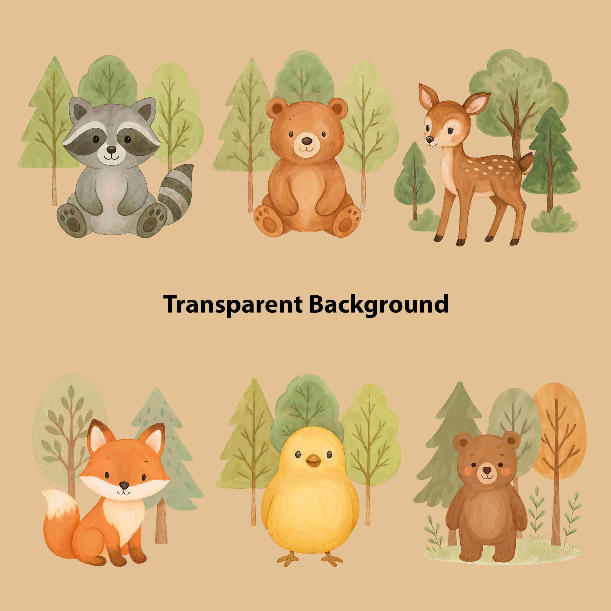 Watercolor Woodland Animals Clipart: Boho Nursery Decor set of 15 PNG (Digital Product)