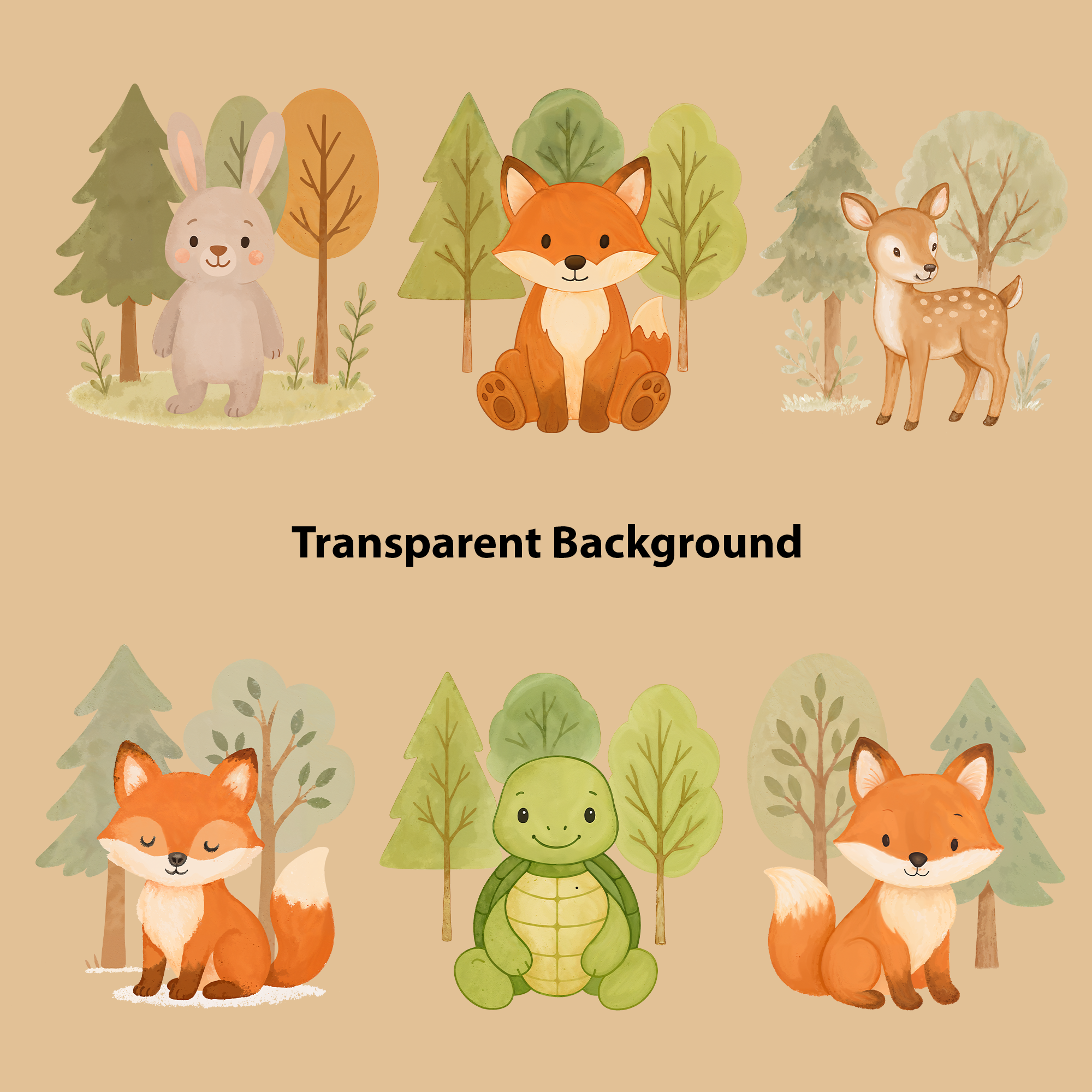 Watercolor Woodland Animals Clipart: Boho Nursery Decor set of 15 PNG (Digital Product)