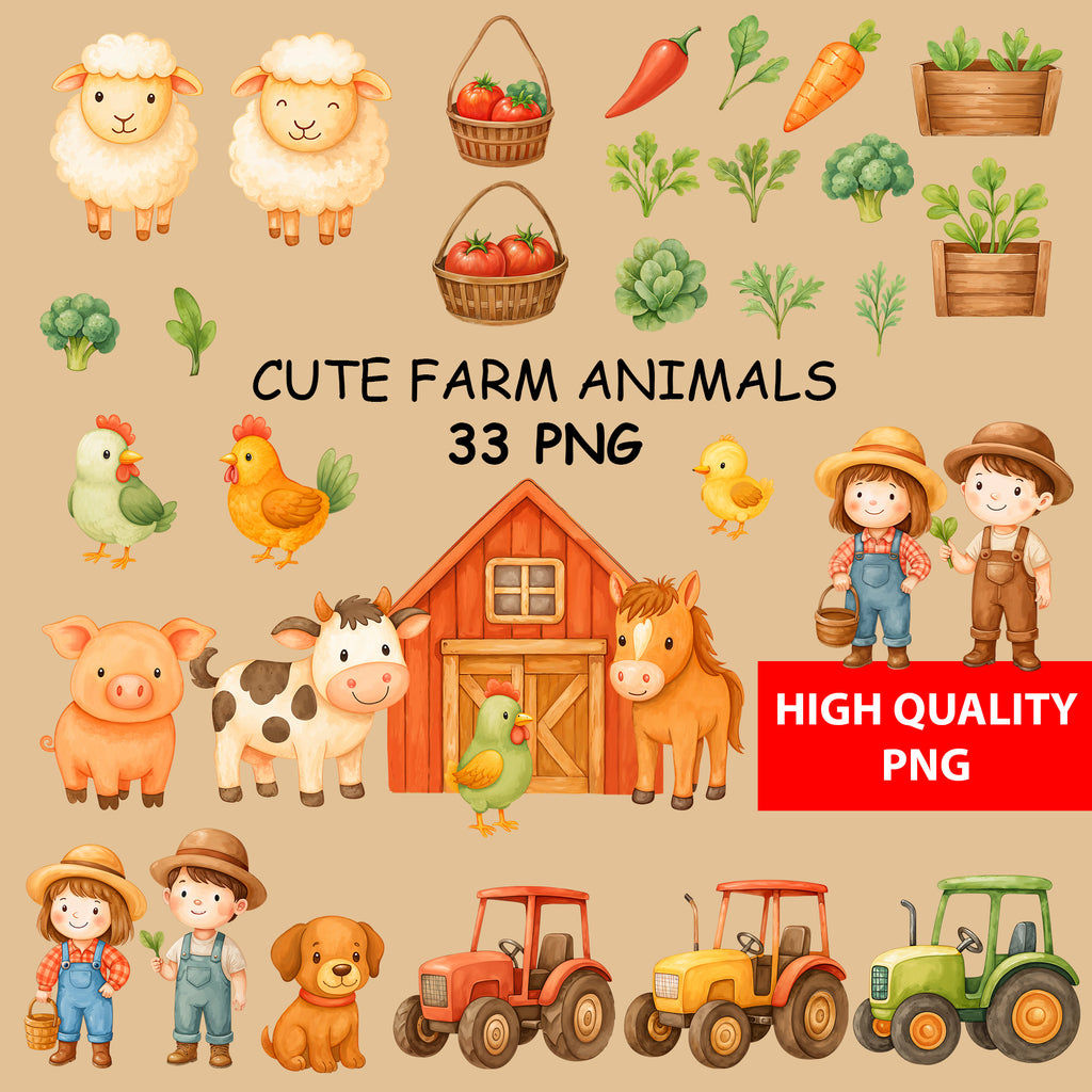 Watercolor Farm Animals Clipart: Boho Nursery Themed Decor set of 33 PNG (Digital Product)