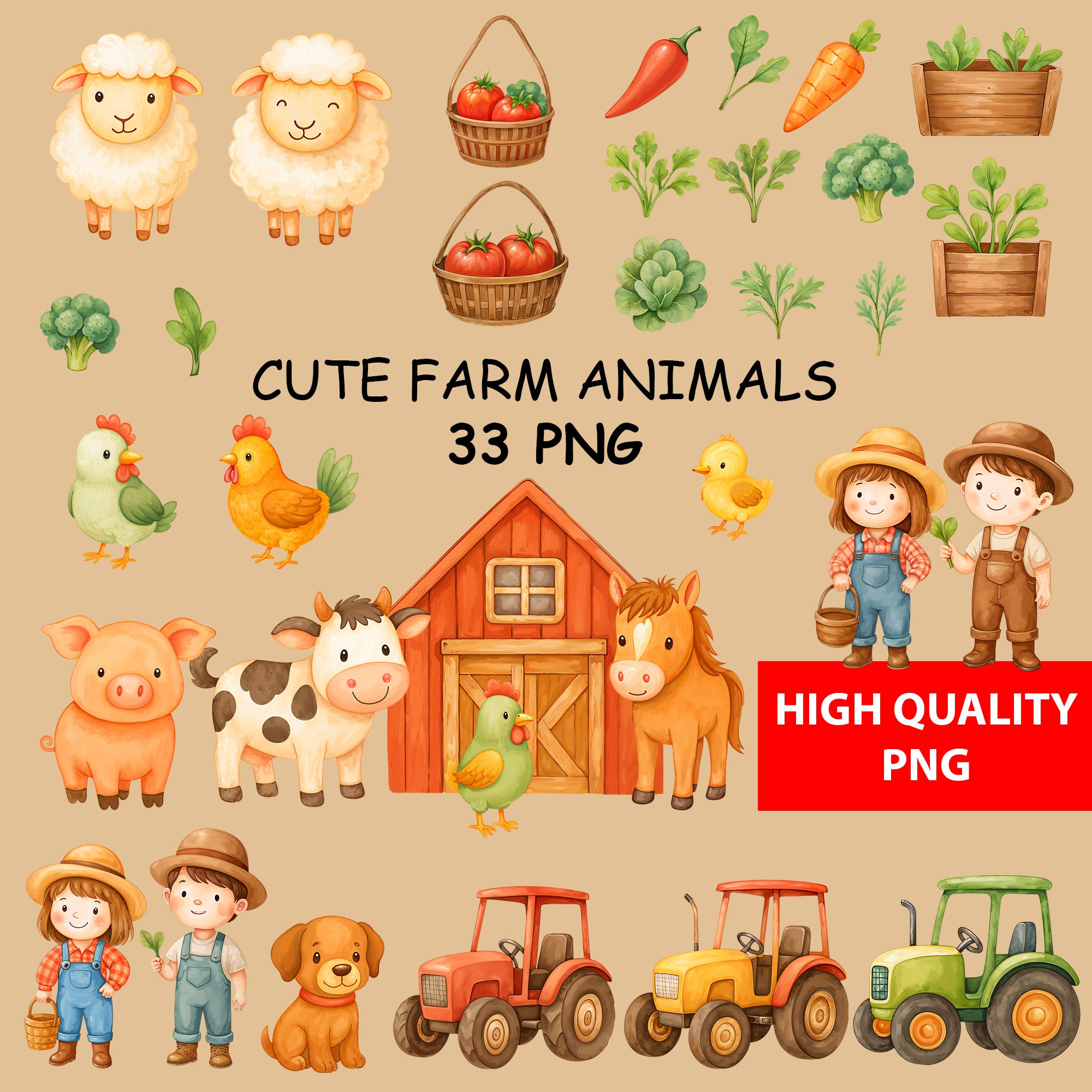Watercolor Farm Animals Clipart: Boho Nursery Themed Decor set of 33 PNG (Digital Product)