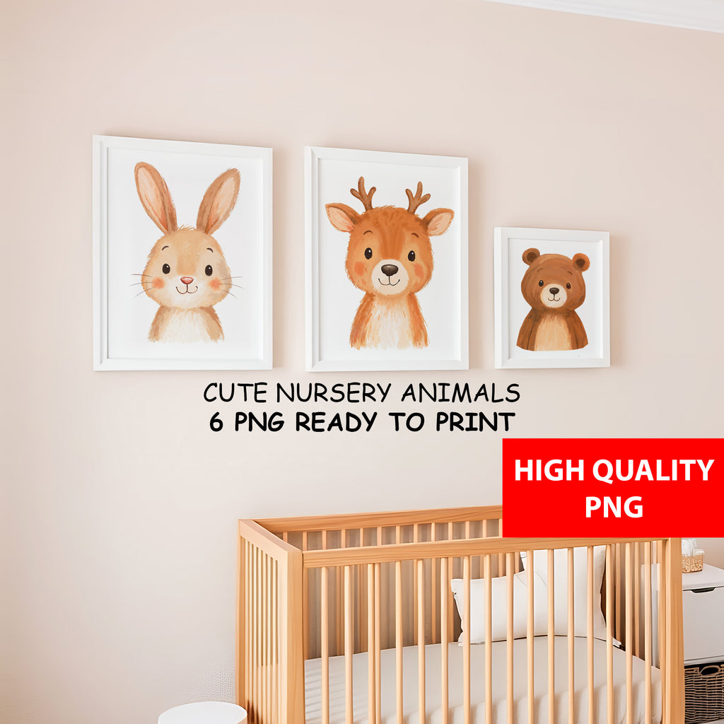 Watercolor Nursery Woodland Animals Clipart: Boho Nursery Themed Decor set of 6 PNG (Digital Product)