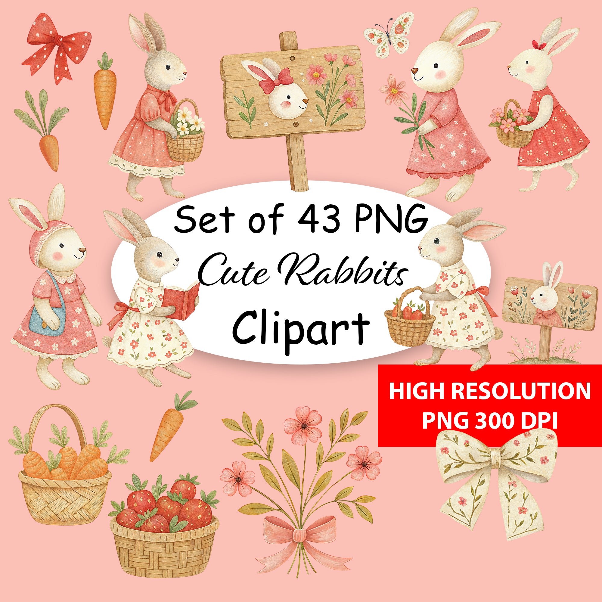 Cute Rabbits Clipart Bundle – 43 High Resolution PNG 300 DPI Digital Download