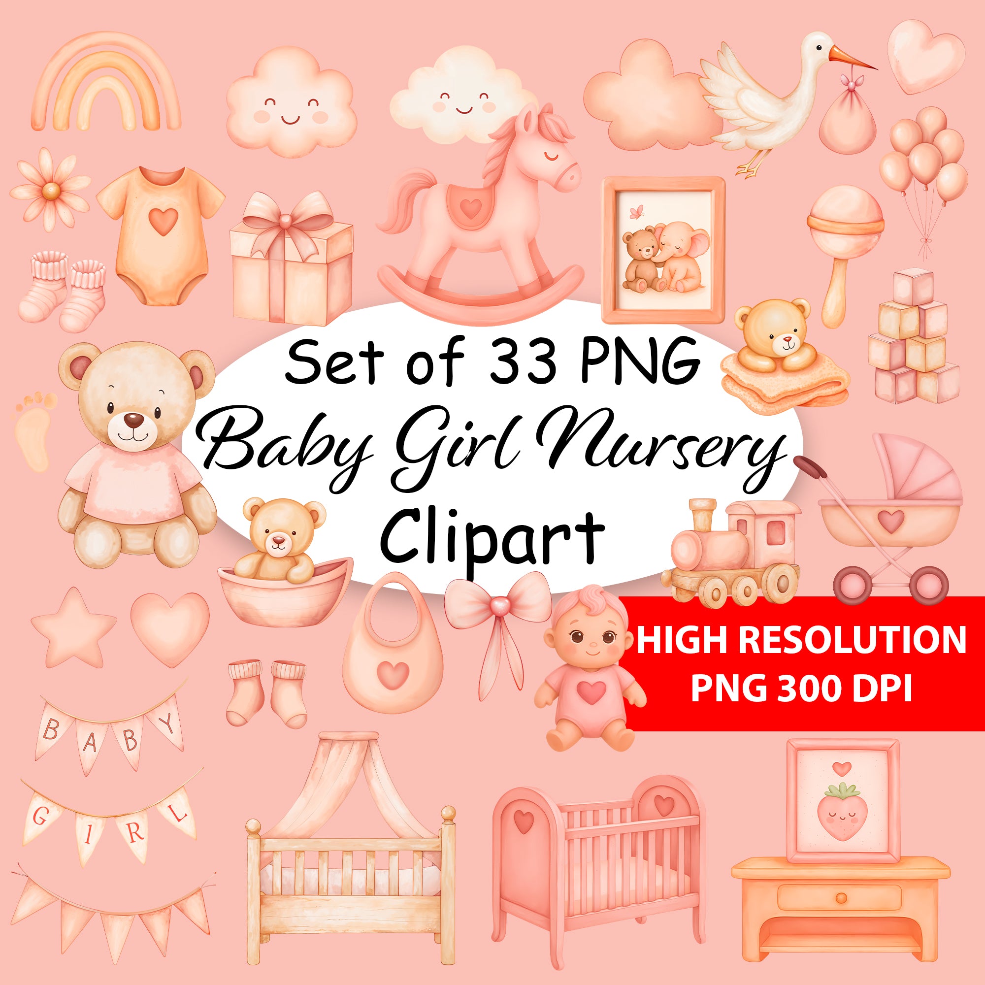 Baby Girl Nursery Clipart PNG Bundle | 33 Watercolor Digital Files