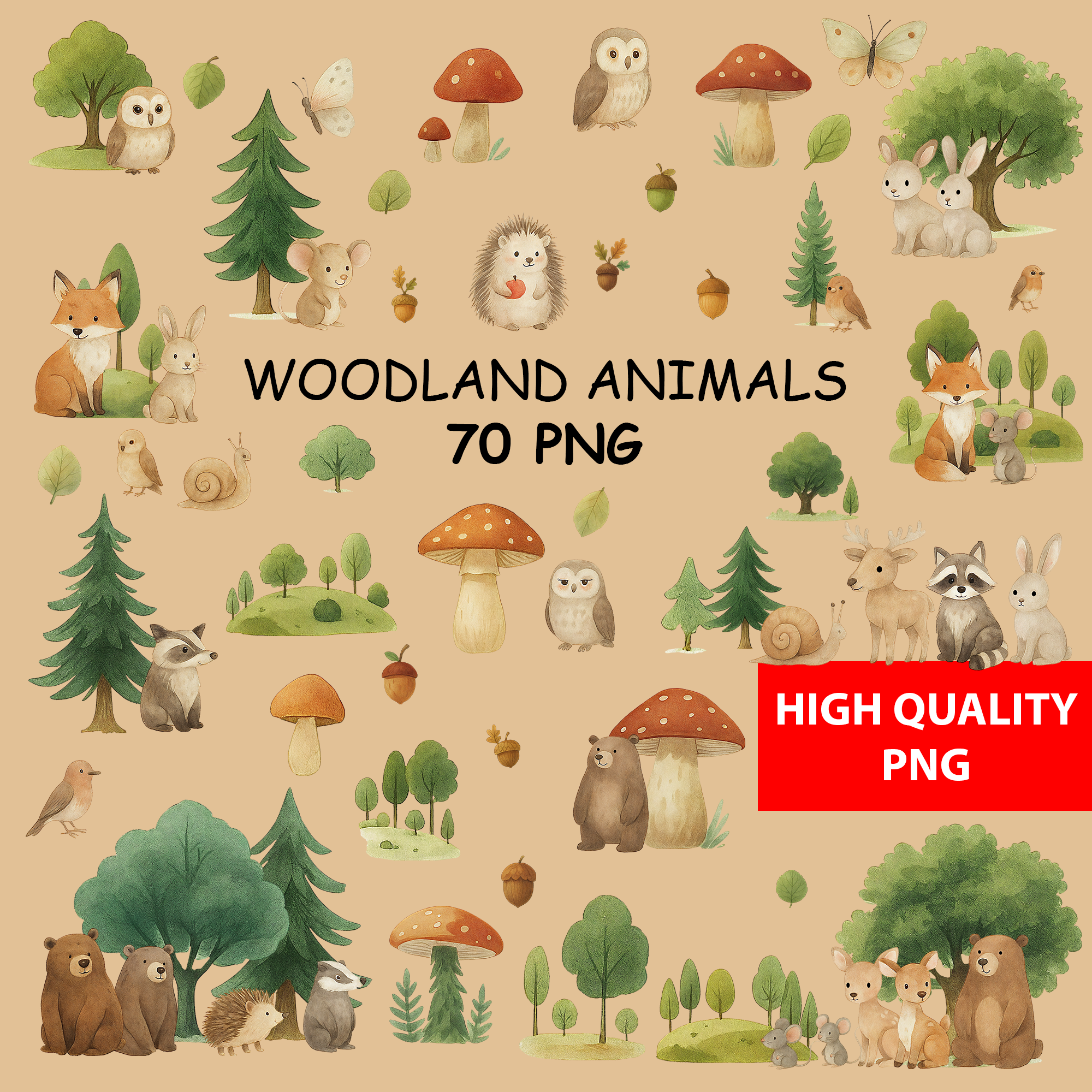 Watercolor Woodland Animals Clipart: Boho Nursery Themed Decor set of 70 PNG (Digital Product)