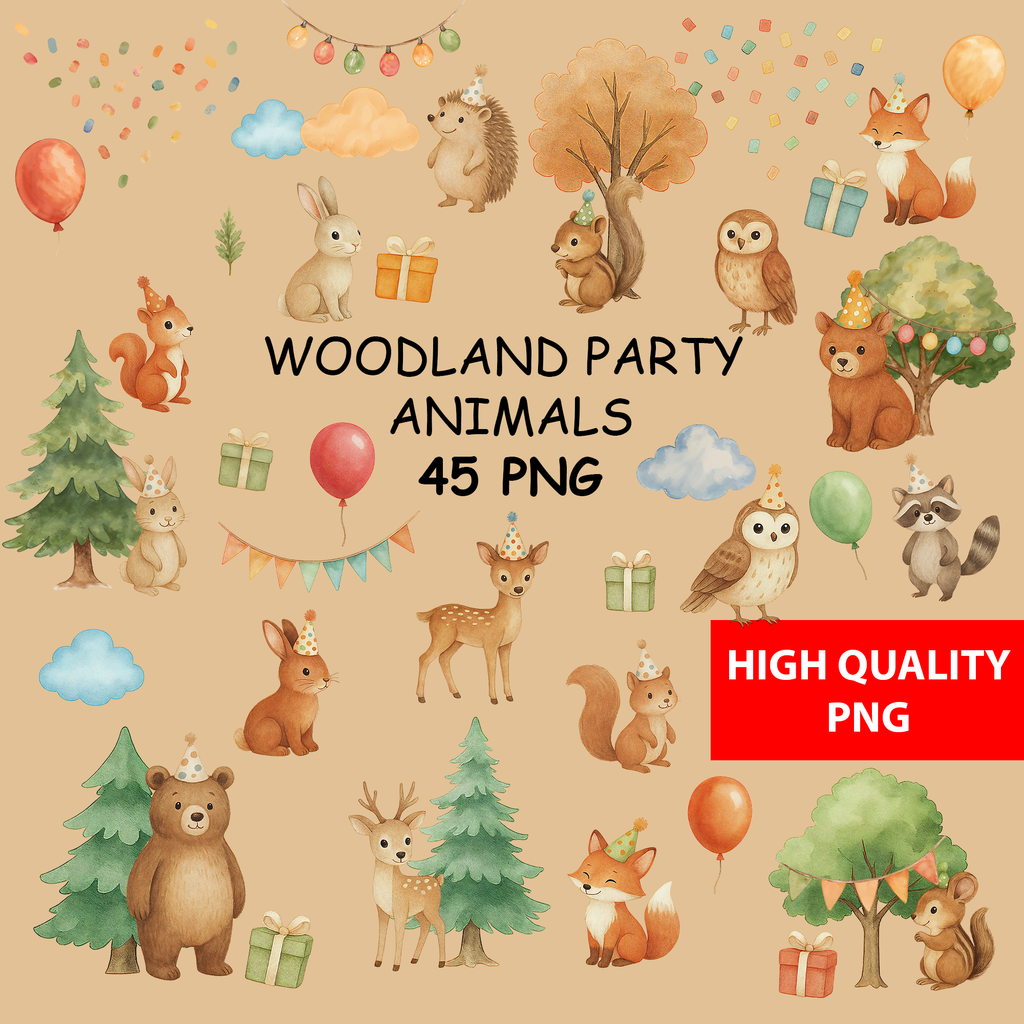 Watercolor Woodland Party Animals Clipart: Boho Nursery Birthday Themed Decor set of 45 PNG (Digital Product)