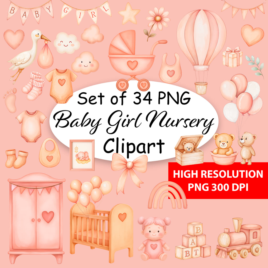 Baby Girl Nursery Clipart PNG Bundle | 34 Watercolor Digital Files