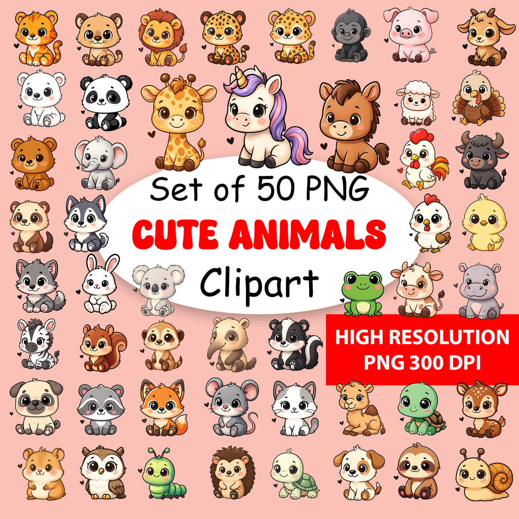 Cute Animals Clipart PNG Bundle | 50 Digital Download Files