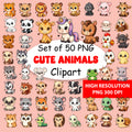 Cute Animals Clipart PNG Bundle | 50 Digital Download Files