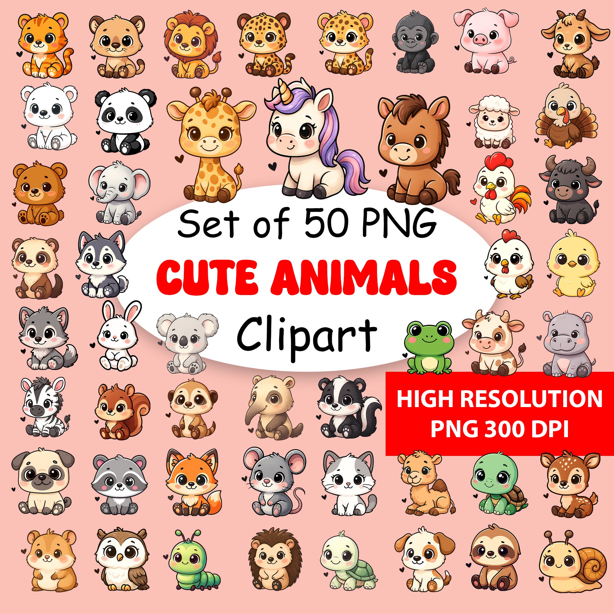 Cute Animals Clipart PNG Bundle | 50 Digital Download Files