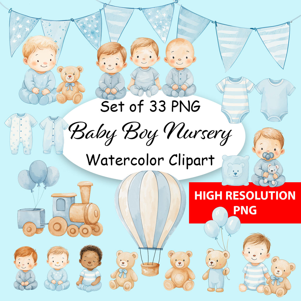 Baby Boy Nursery Clipart PNG Bundle | 33 Watercolor Digital Files