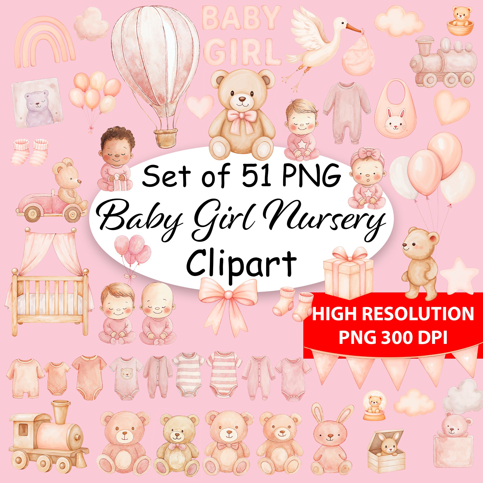 Baby Girl Nursery Clipart PNG Bundle | 51 Watercolor Digital Files