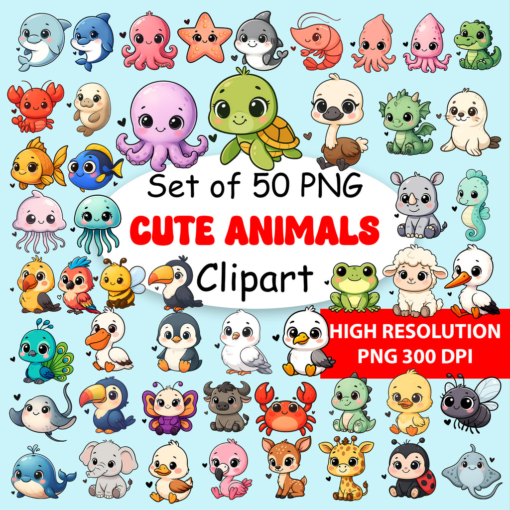 Cute Animals Clipart PNG Bundle | 50 Digital Download Files