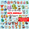 Cute Animals Clipart PNG Bundle | 50 Digital Download Files