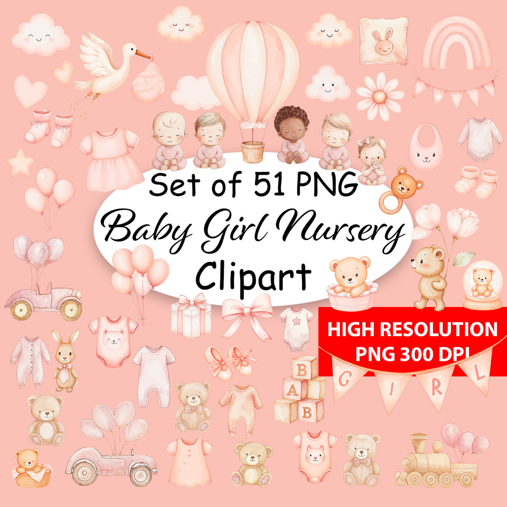 Baby Girl Nursery Clipart PNG Bundle | 51 Watercolor Digital Files