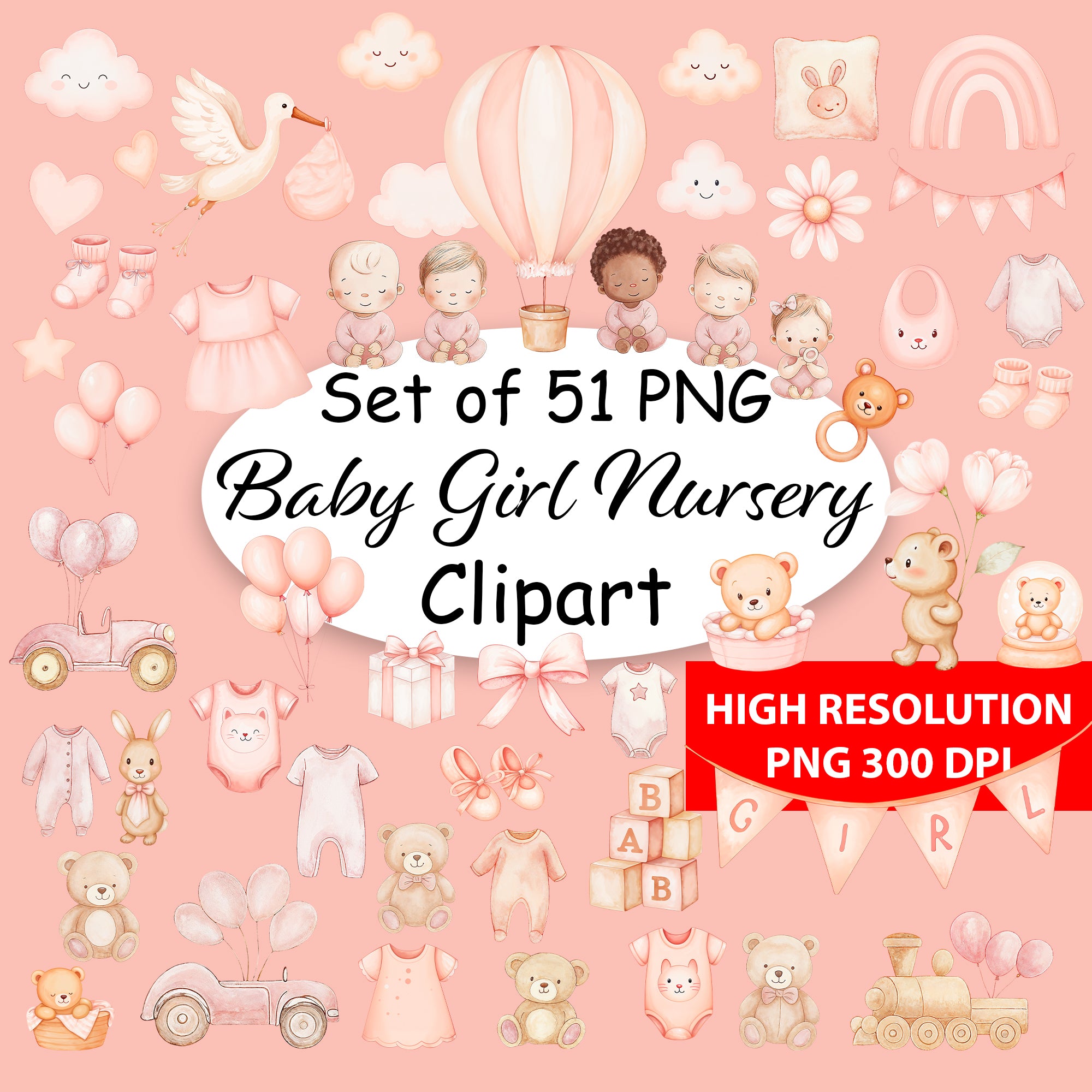 Baby Girl Nursery Clipart PNG Bundle | 51 Watercolor Digital Files