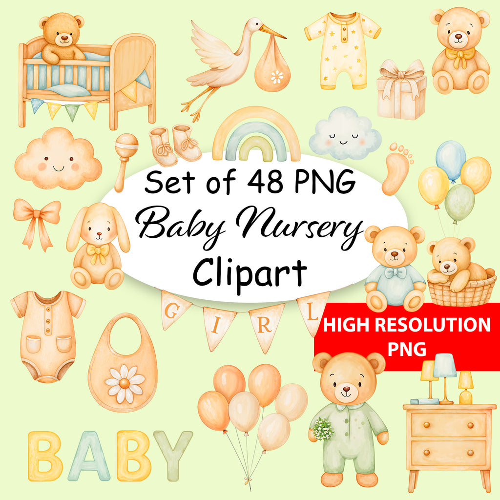 Baby Nursery Clipart PNG Bundle | 48 Watercolor Digital Files