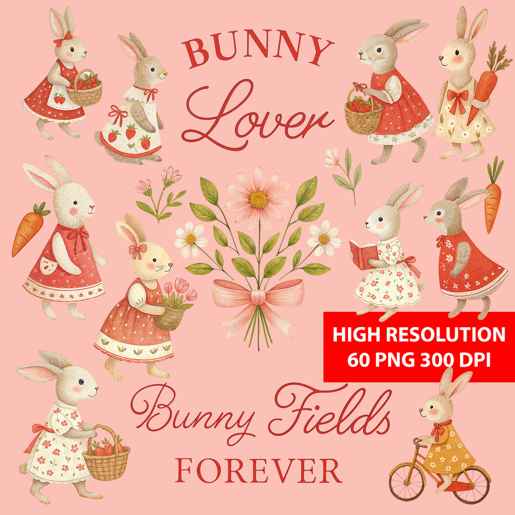 Bunny Lover Clipart PNG Bundle | 60 Watercolor Digital Files
