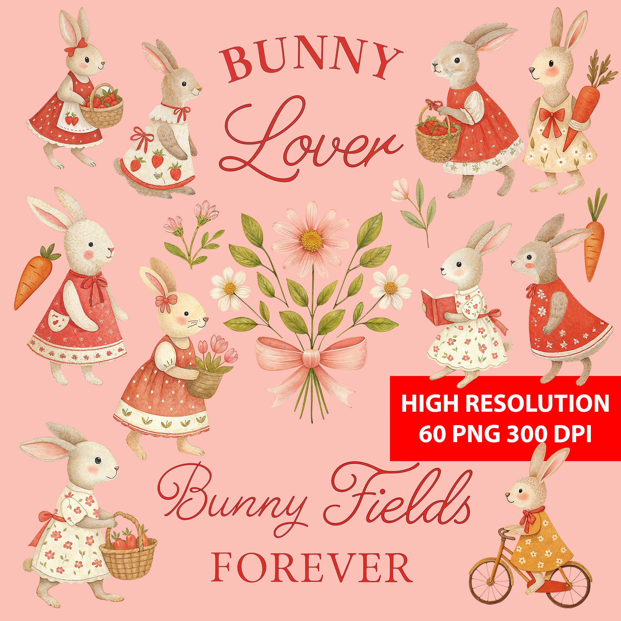 Bunny Lover Clipart PNG Bundle | 60 Watercolor Digital Files