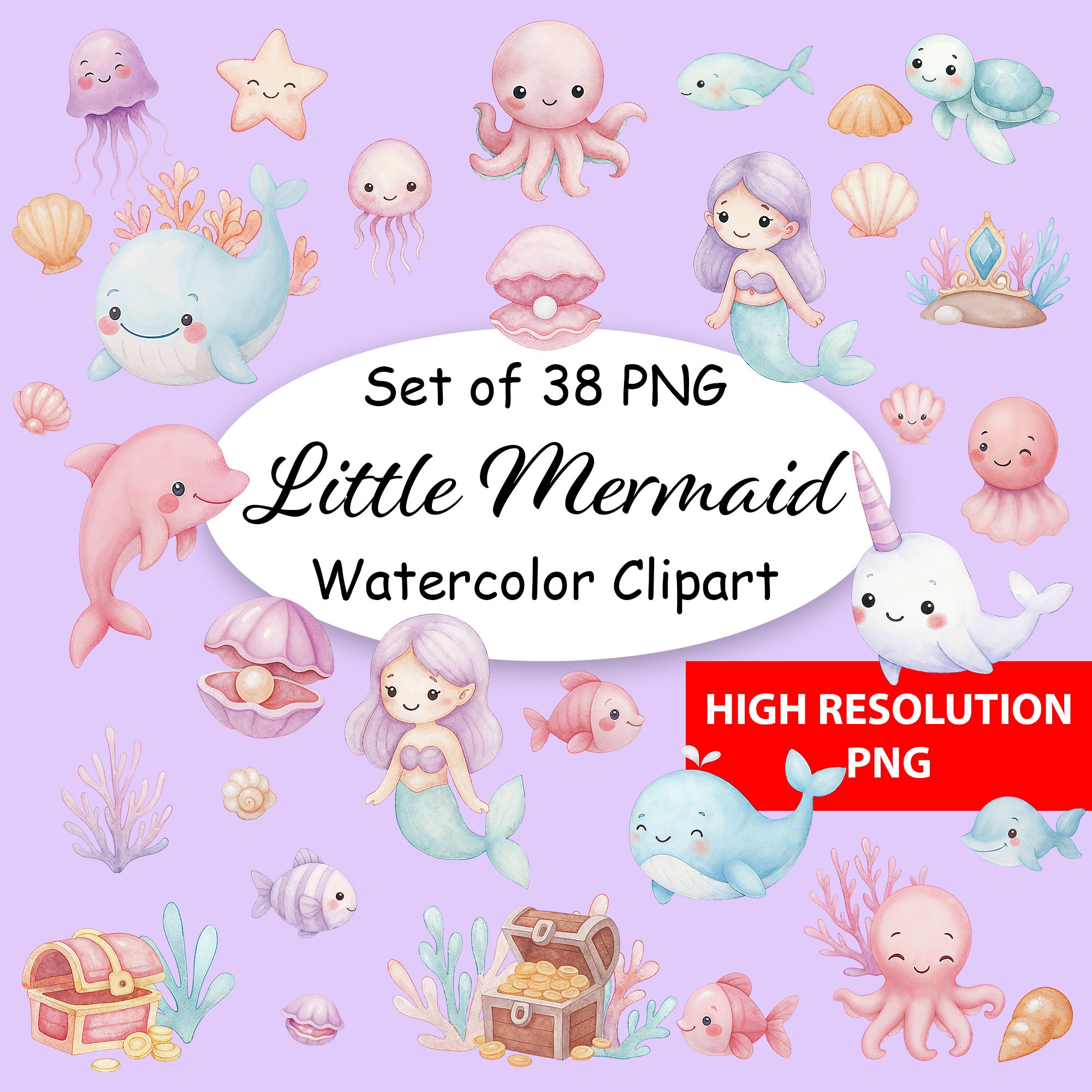Little Mermaid Watercolor Clipart Bundle – 38 High Resolution PNG Digital Download