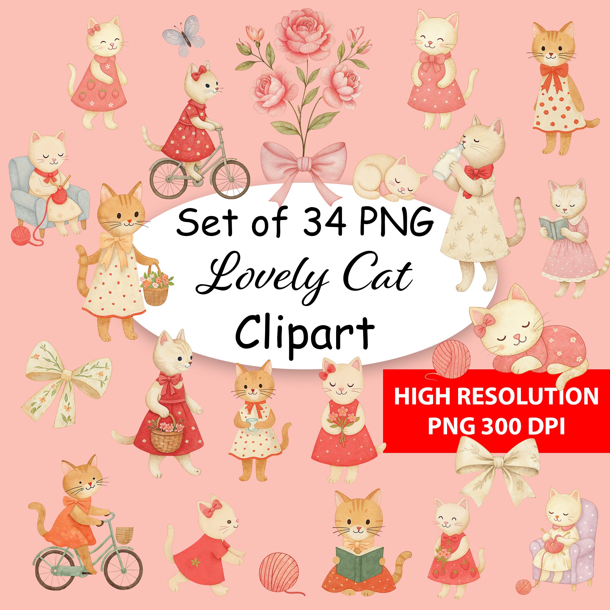 Lovely Cat Clipart Bundle – 34 High Resolution PNG 300 DPI Digital Download