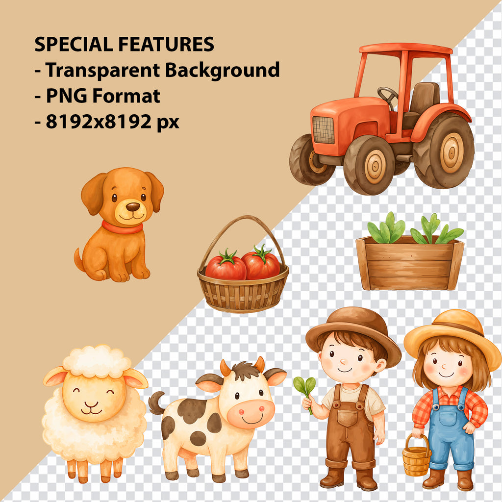 Watercolor Farm Animals Clipart: Boho Nursery Themed Decor set of 33 PNG (Digital Product)