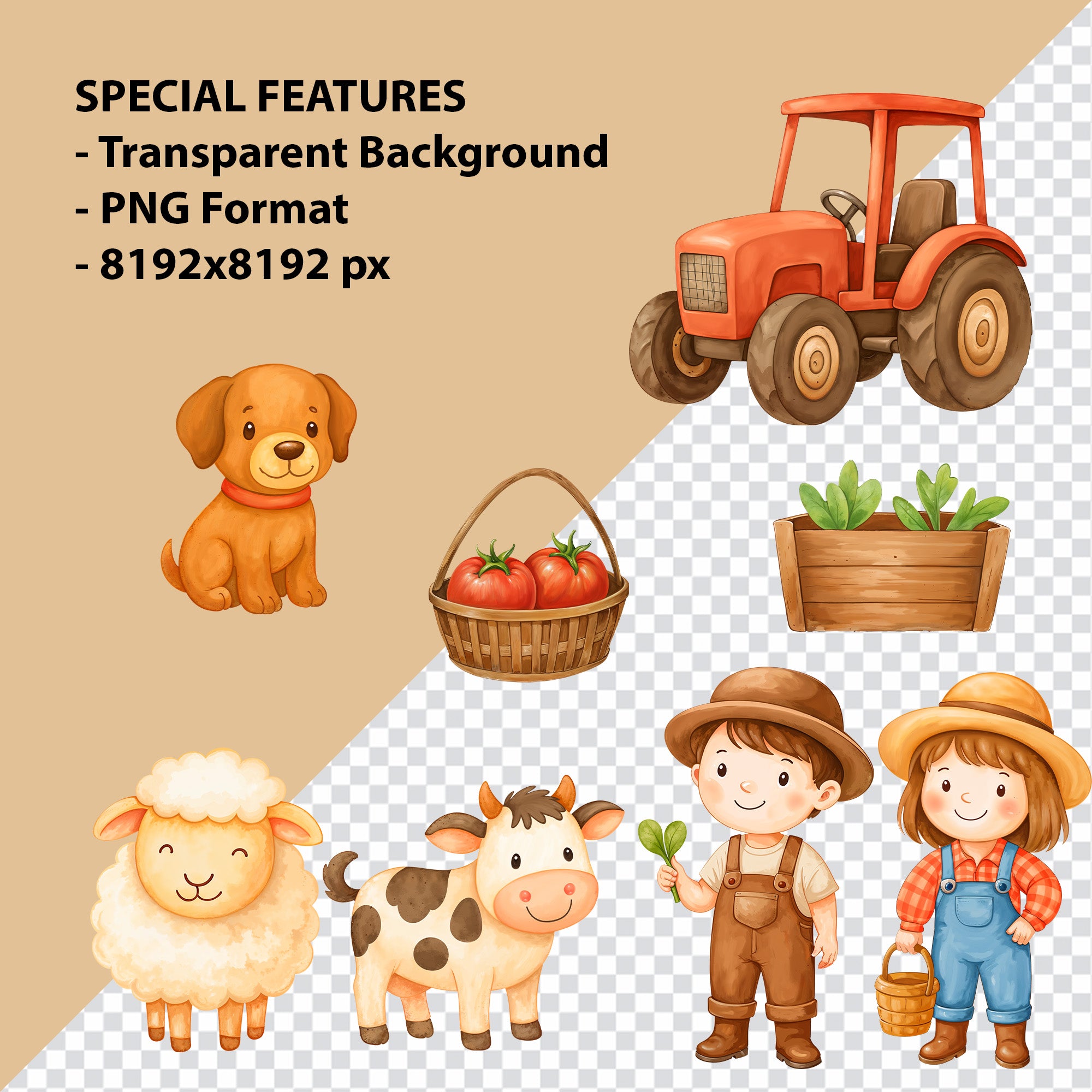 Watercolor Farm Animals Clipart: Boho Nursery Themed Decor set of 33 PNG (Digital Product)