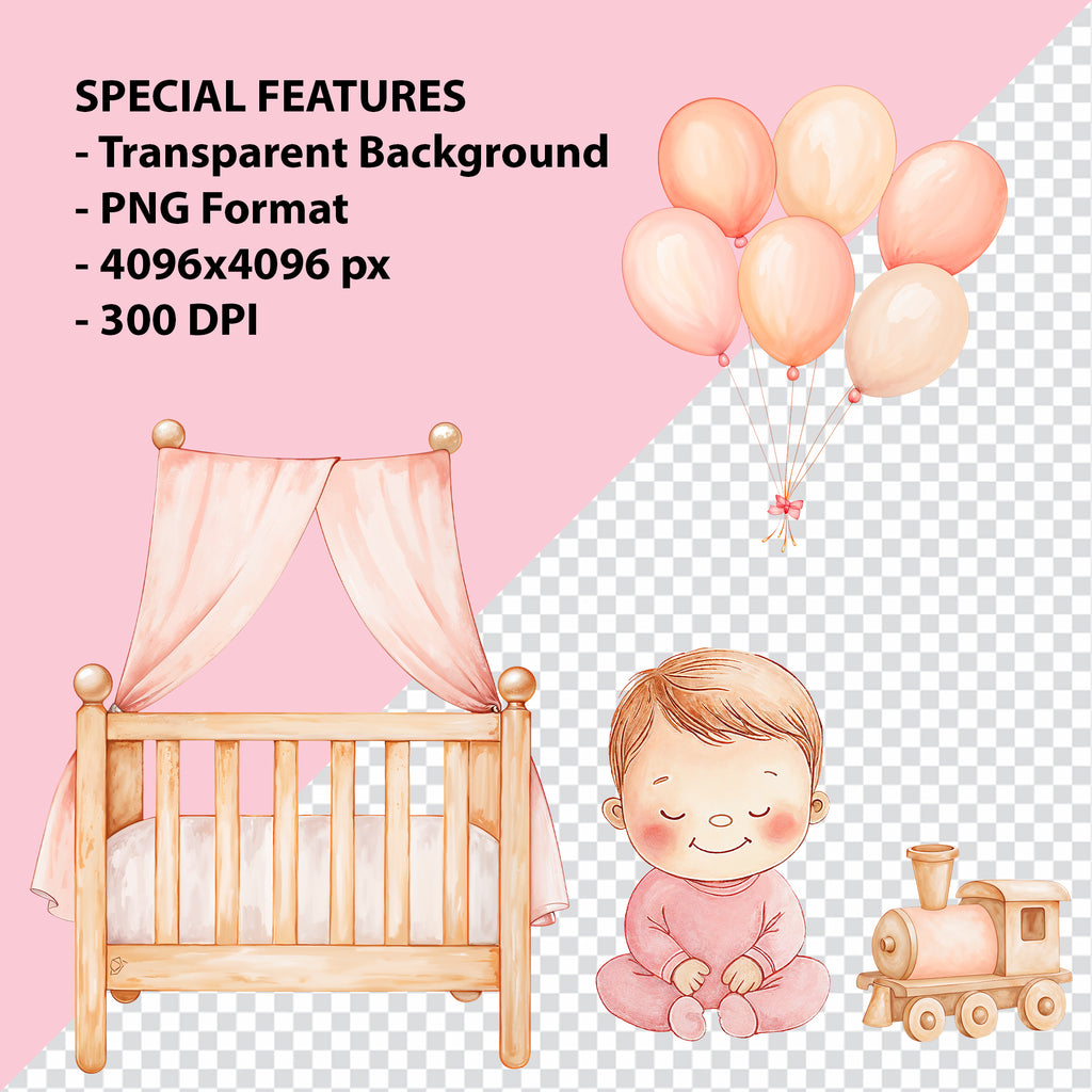 Baby Girl Nursery Clipart PNG Bundle | 51 Watercolor Digital Files