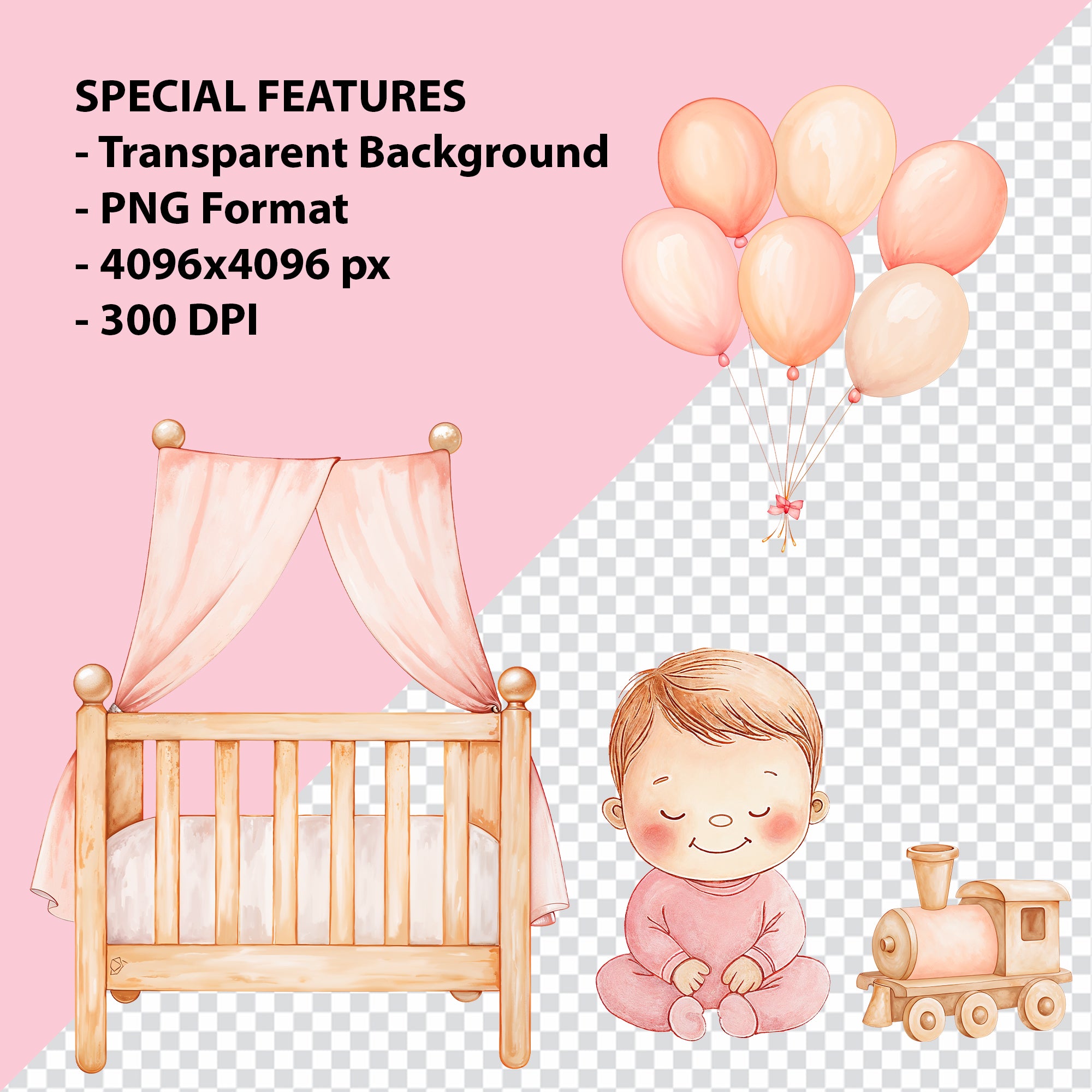 Baby Girl Nursery Clipart PNG Bundle | 51 Watercolor Digital Files