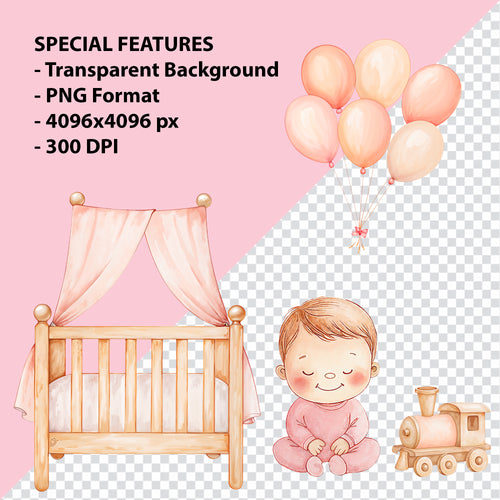 Baby Girl Nursery Clipart PNG Bundle | 51 Watercolor Digital Files