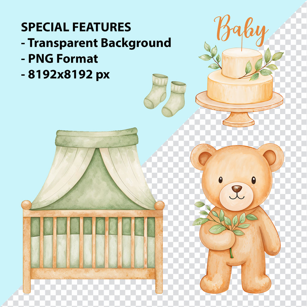 Baby Boy Nursery Clipart PNG Bundle | 65 Watercolor Digital Files