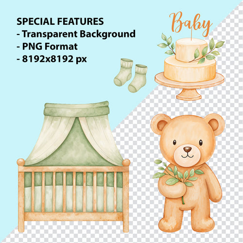 Baby Boy Nursery Clipart PNG Bundle | 65 Watercolor Digital Files