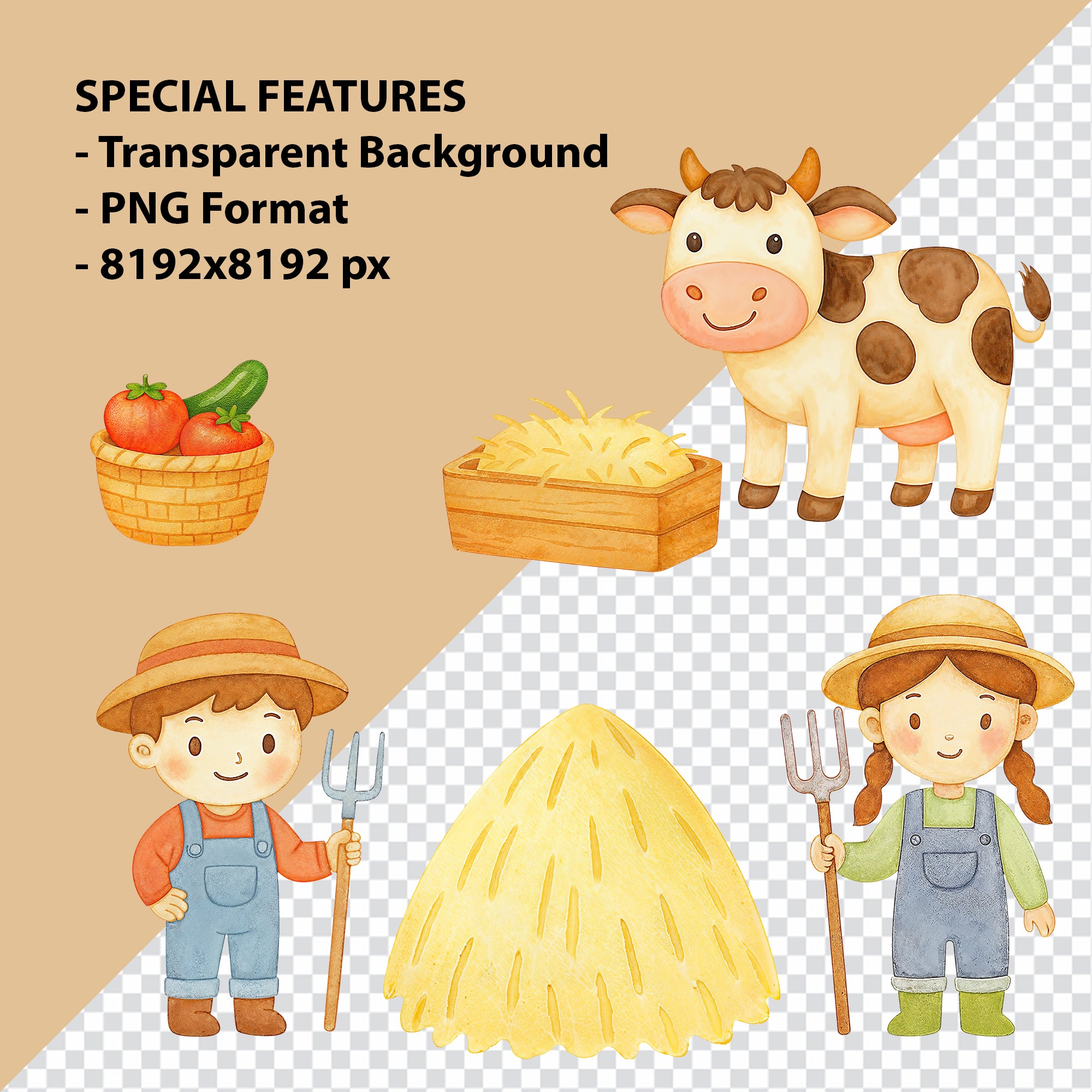 Watercolor Farm Animals Clipart: Boho Nursery Farm Themed Decor set of 52 PNG (Digital Product)