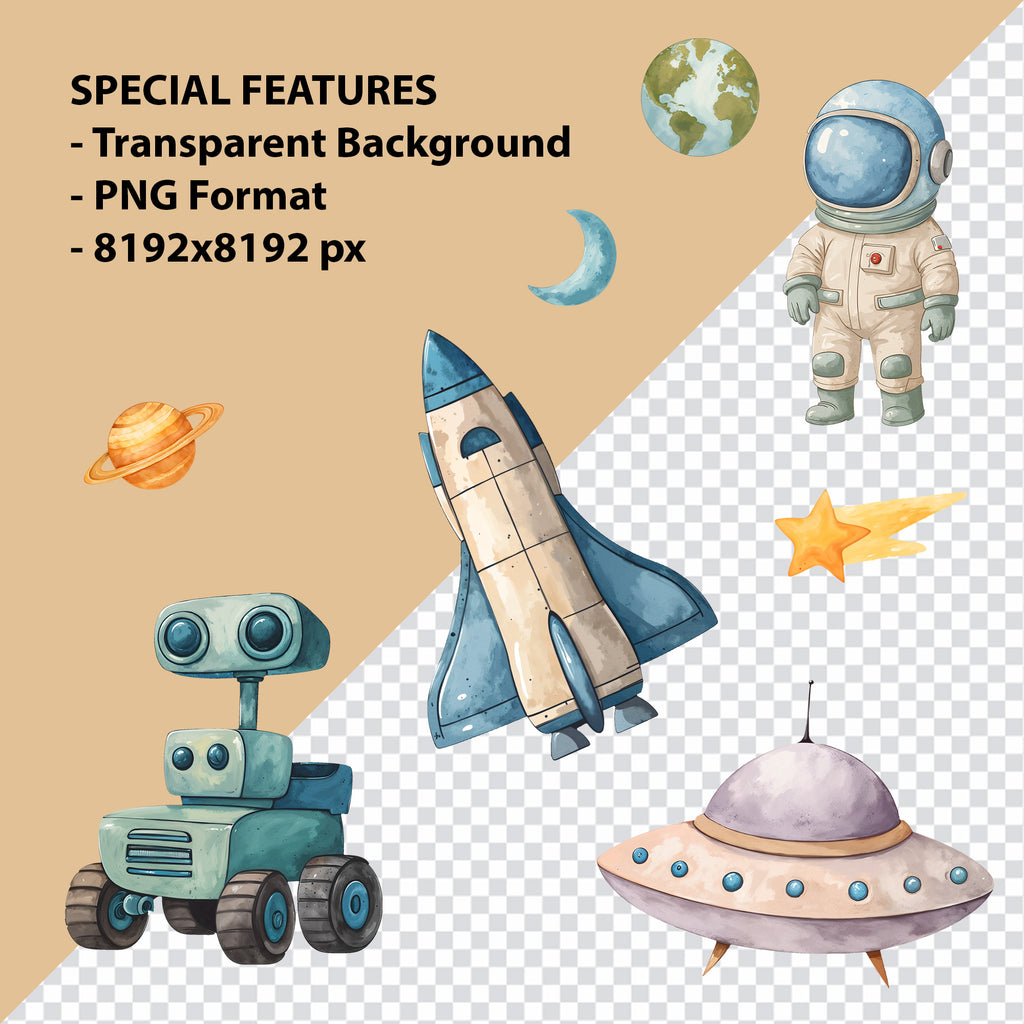 Watercolor Space Clipart: Boho Nursery Space Themed Decor set of 131 PNG (Digital Product)