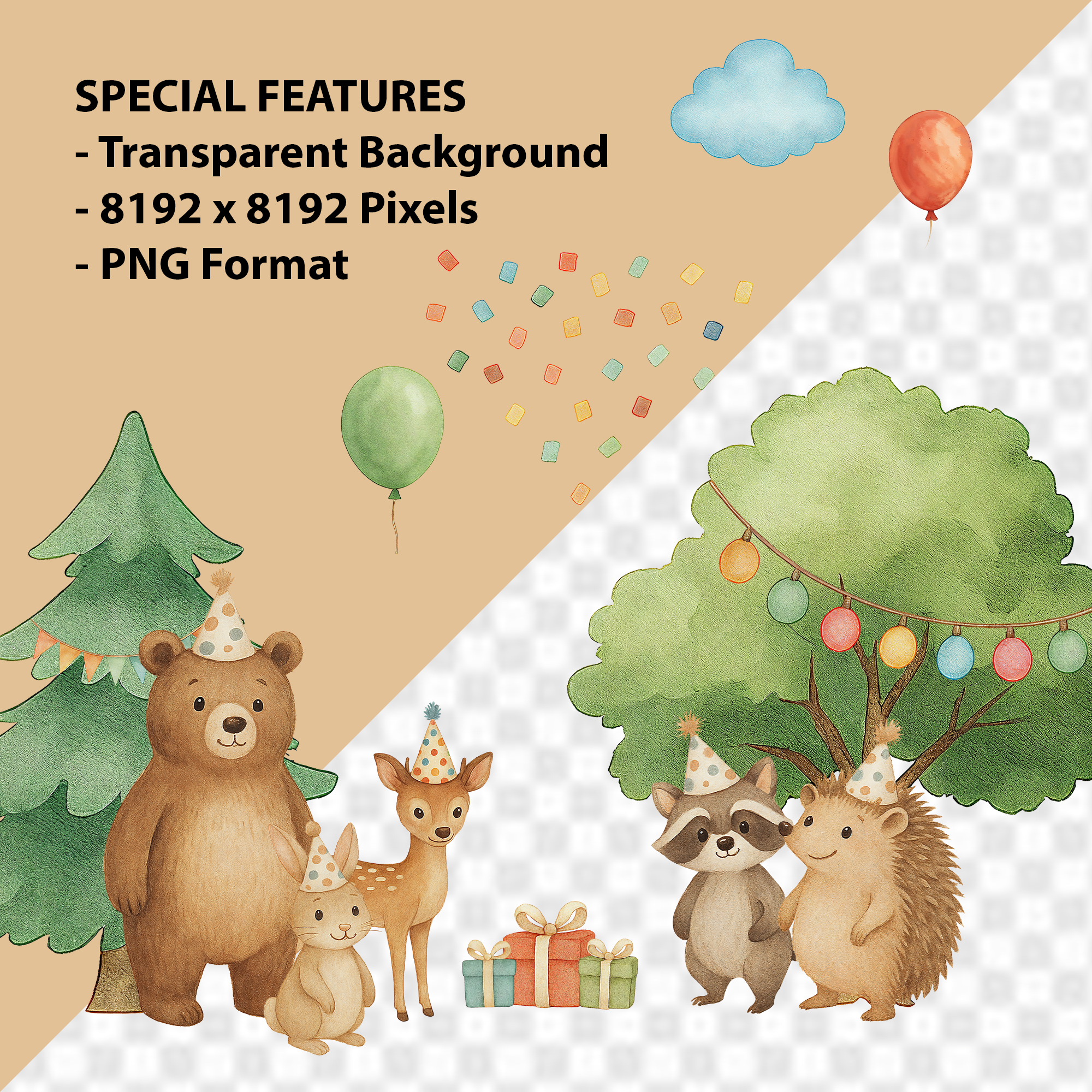 Watercolor Woodland Party Animals Clipart: Boho Nursery Birthday Themed Decor set of 45 PNG (Digital Product)