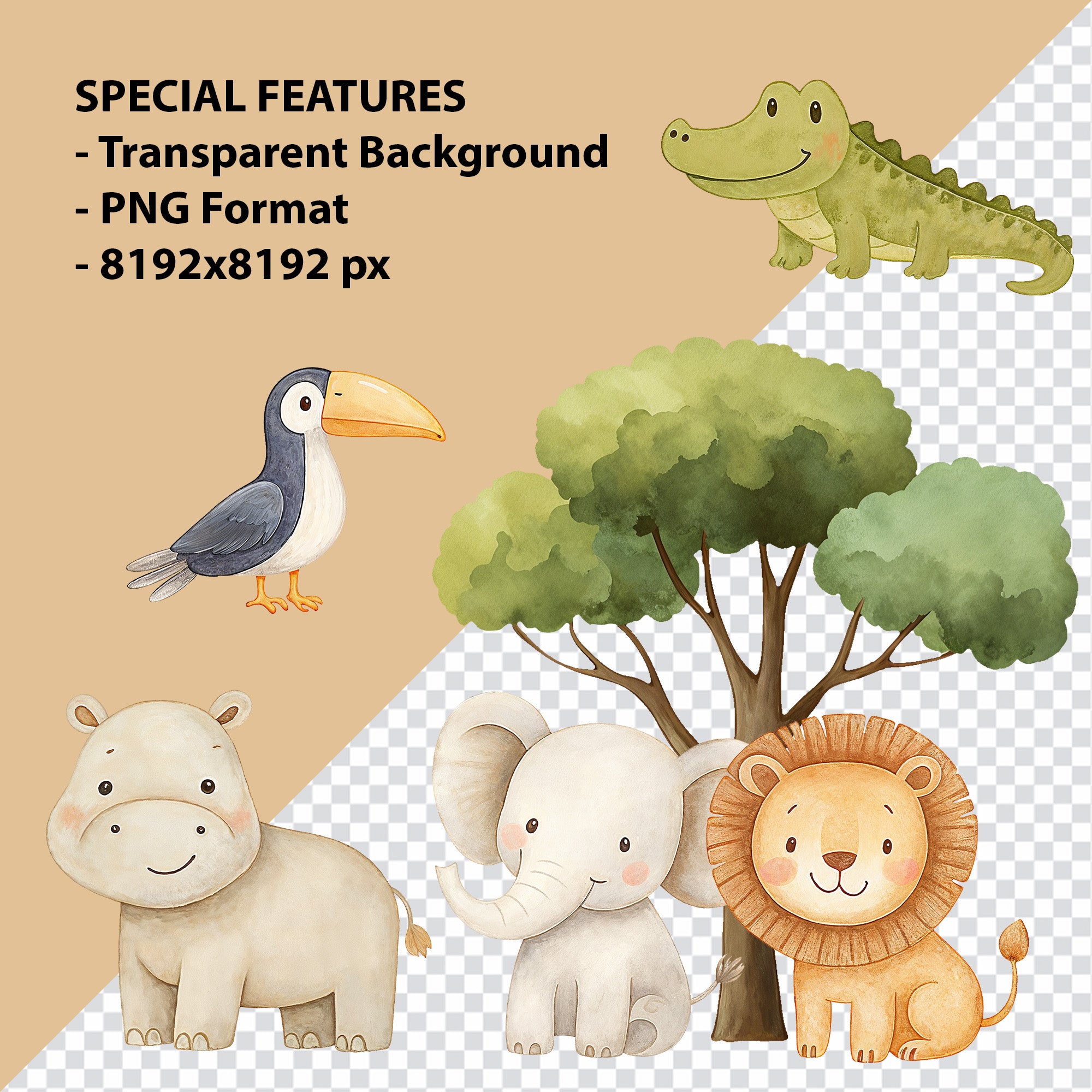 Cute Safari Animals Clipart PNG Bundle, Cute Watercolor Jungle Animals Digital Download, 70 High Resolution Files