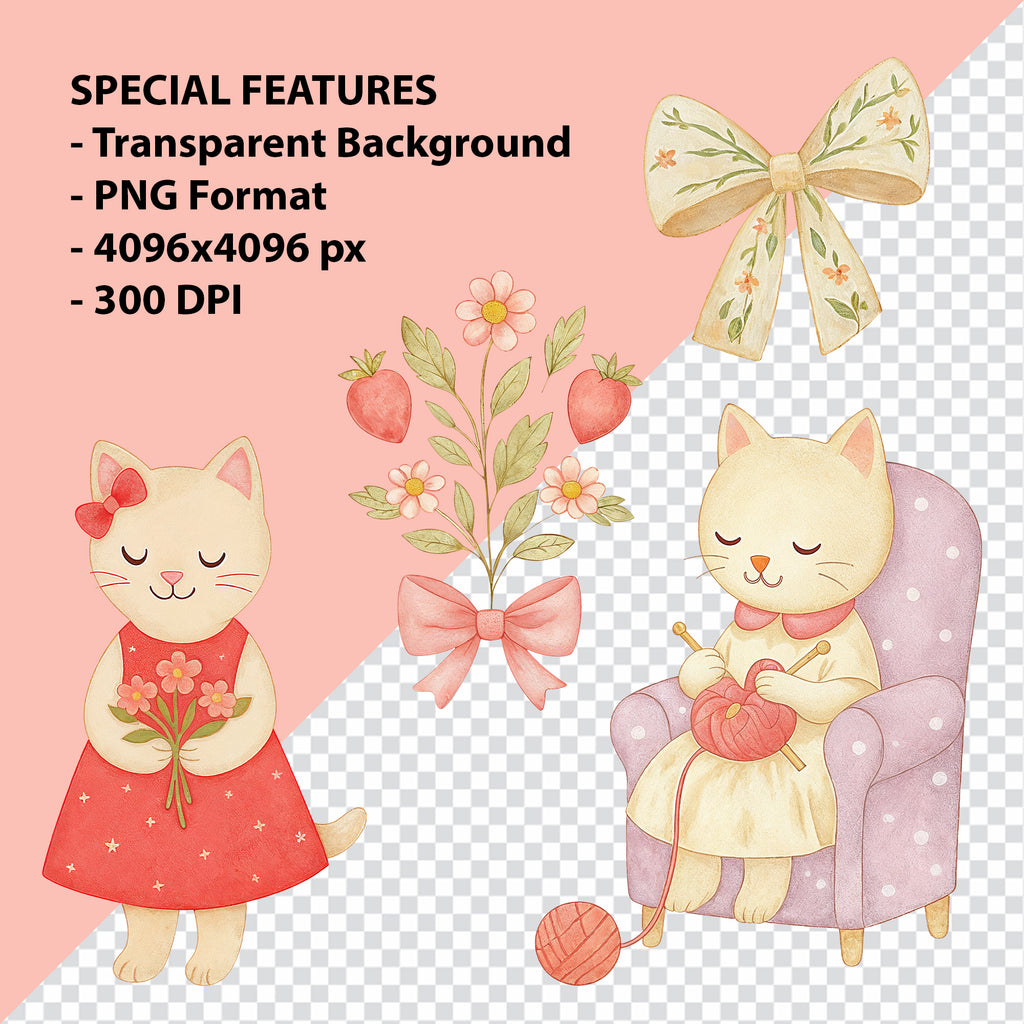 Lovely Cat Clipart Bundle – 34 High Resolution PNG 300 DPI Digital Download