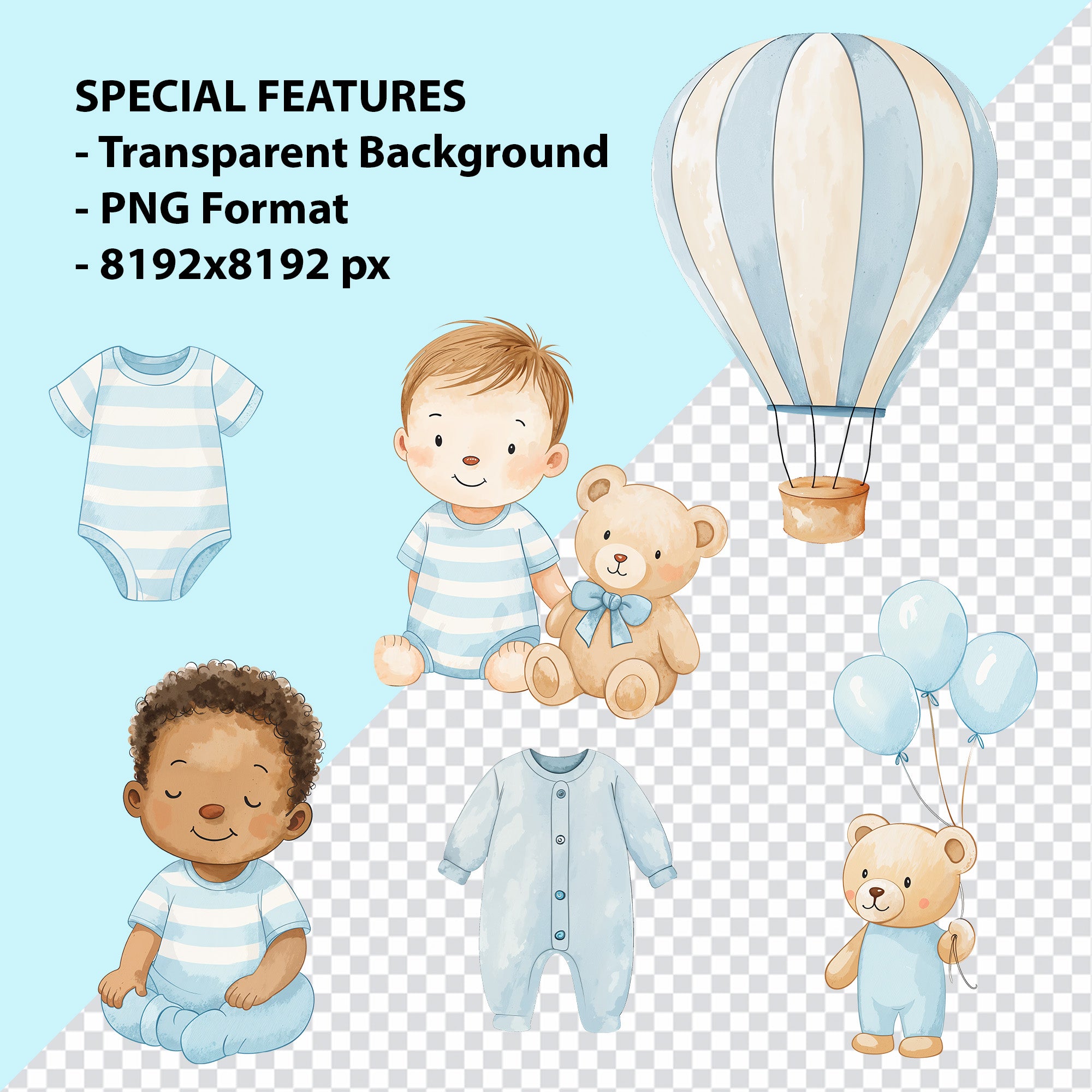 Baby Boy Nursery Clipart PNG Bundle | 33 Watercolor Digital Files