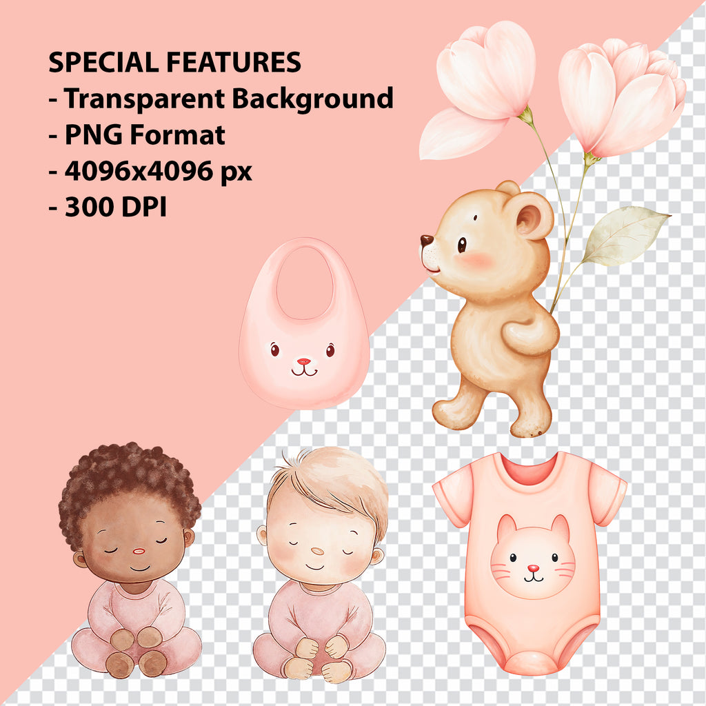Baby Girl Nursery Clipart PNG Bundle | 51 Watercolor Digital Files