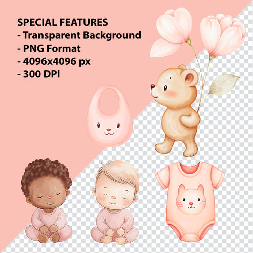 Baby Girl Nursery Clipart PNG Bundle | 51 Watercolor Digital Files
