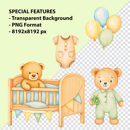 Baby Nursery Clipart PNG Bundle | 48 Watercolor Digital Files