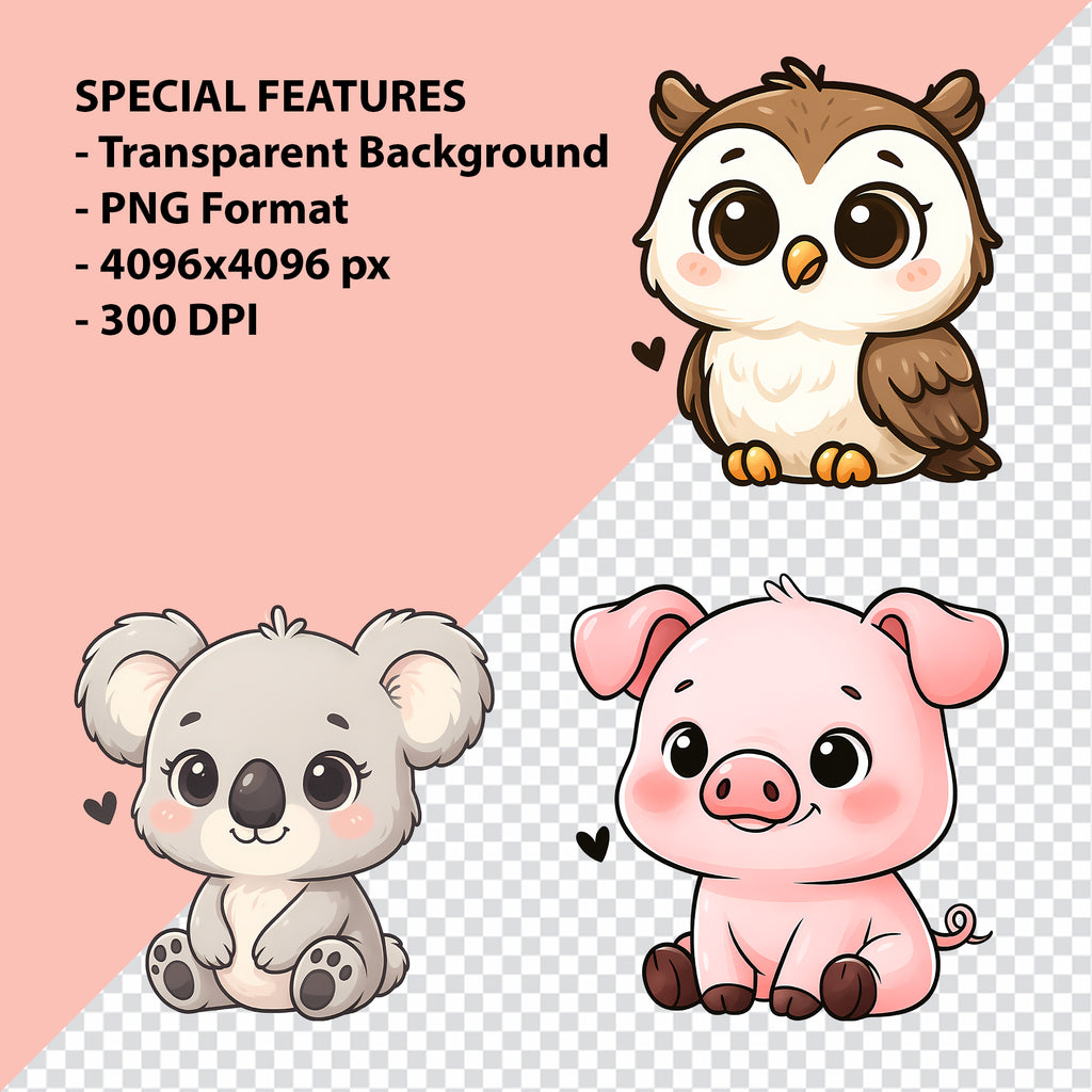 Cute Animals Clipart PNG Bundle | 50 Digital Download Files