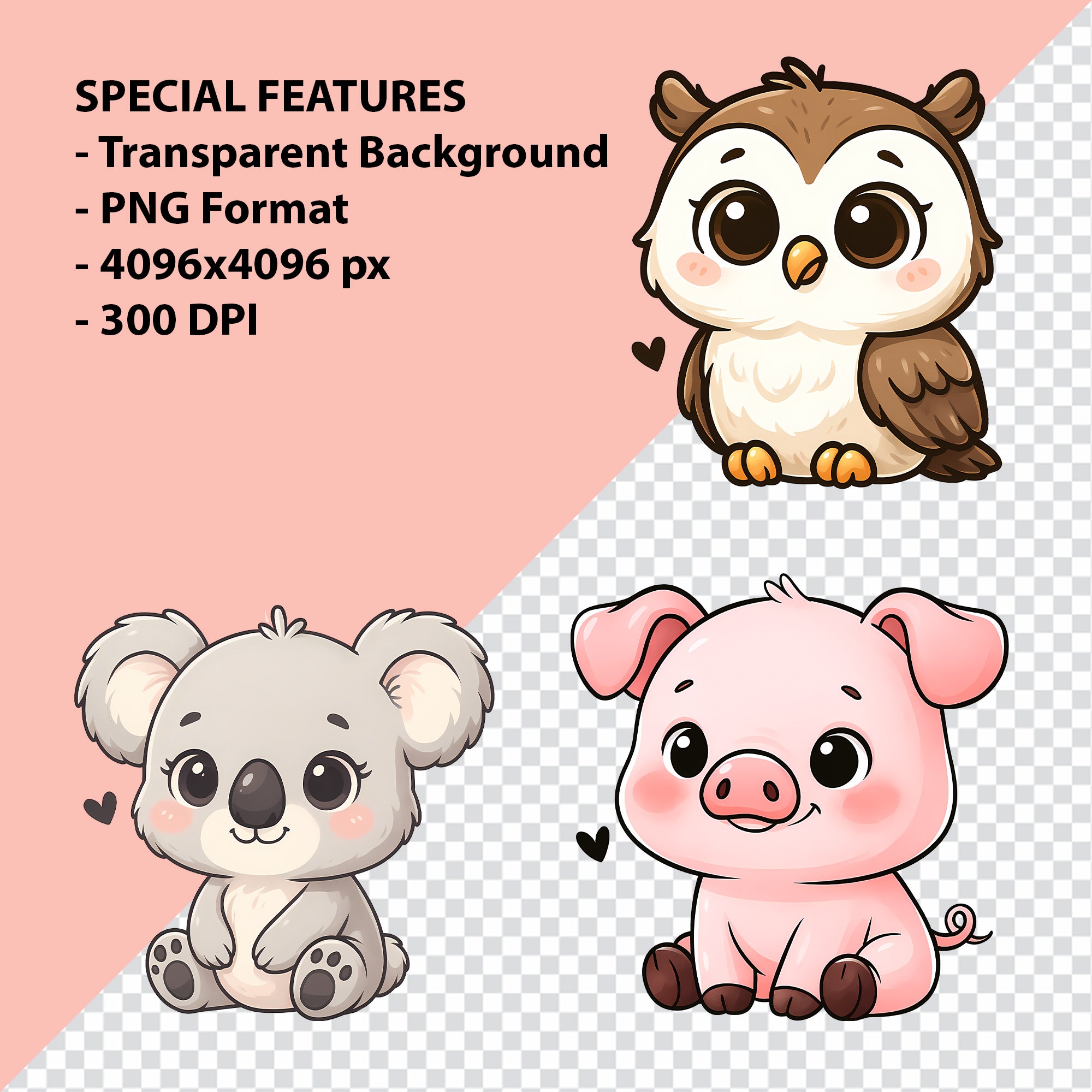 Cute Animals Clipart PNG Bundle | 50 Digital Download Files