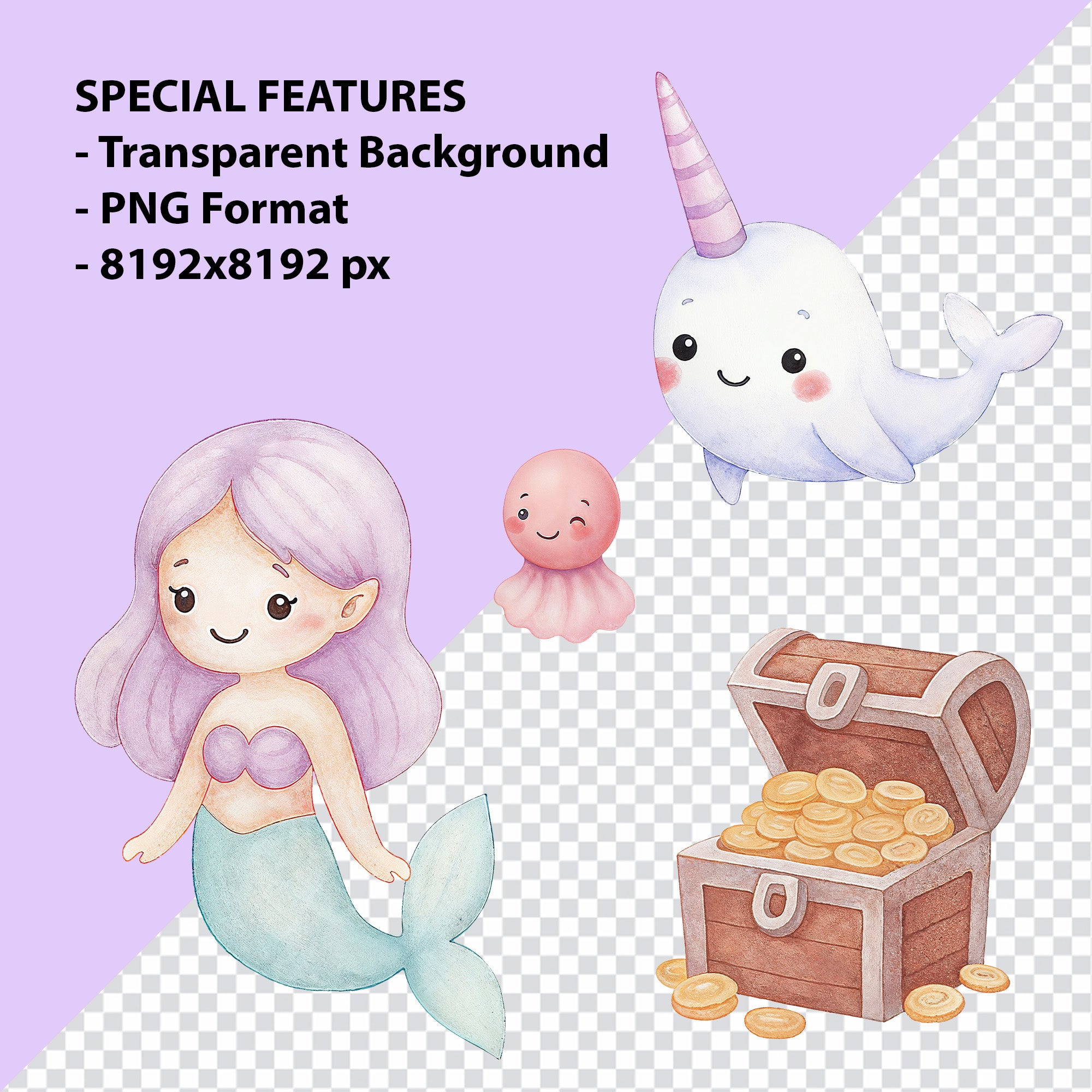 Little Mermaid Watercolor Clipart Bundle – 38 High Resolution PNG Digital Download