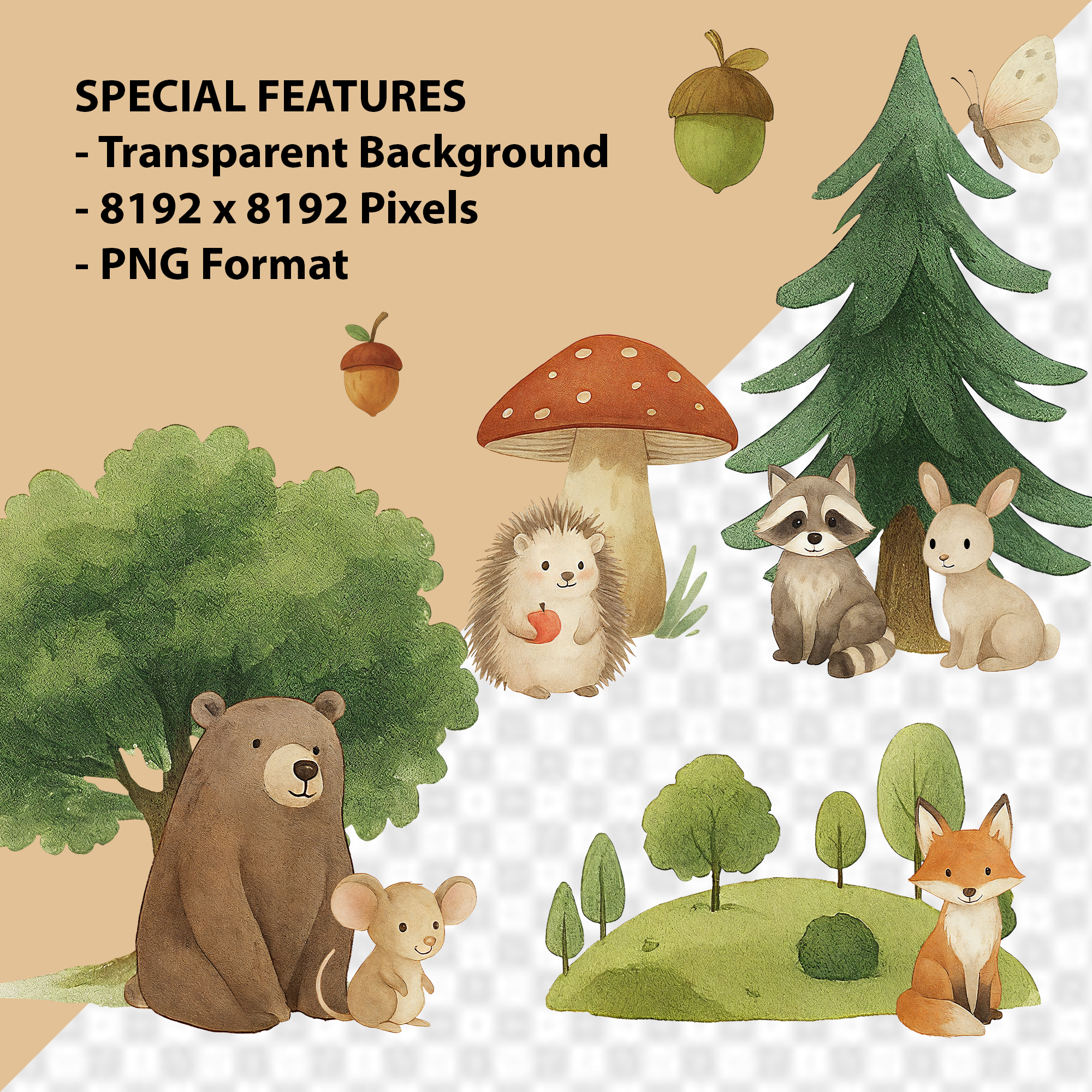 Watercolor Woodland Animals Clipart: Boho Nursery Themed Decor set of 70 PNG (Digital Product)