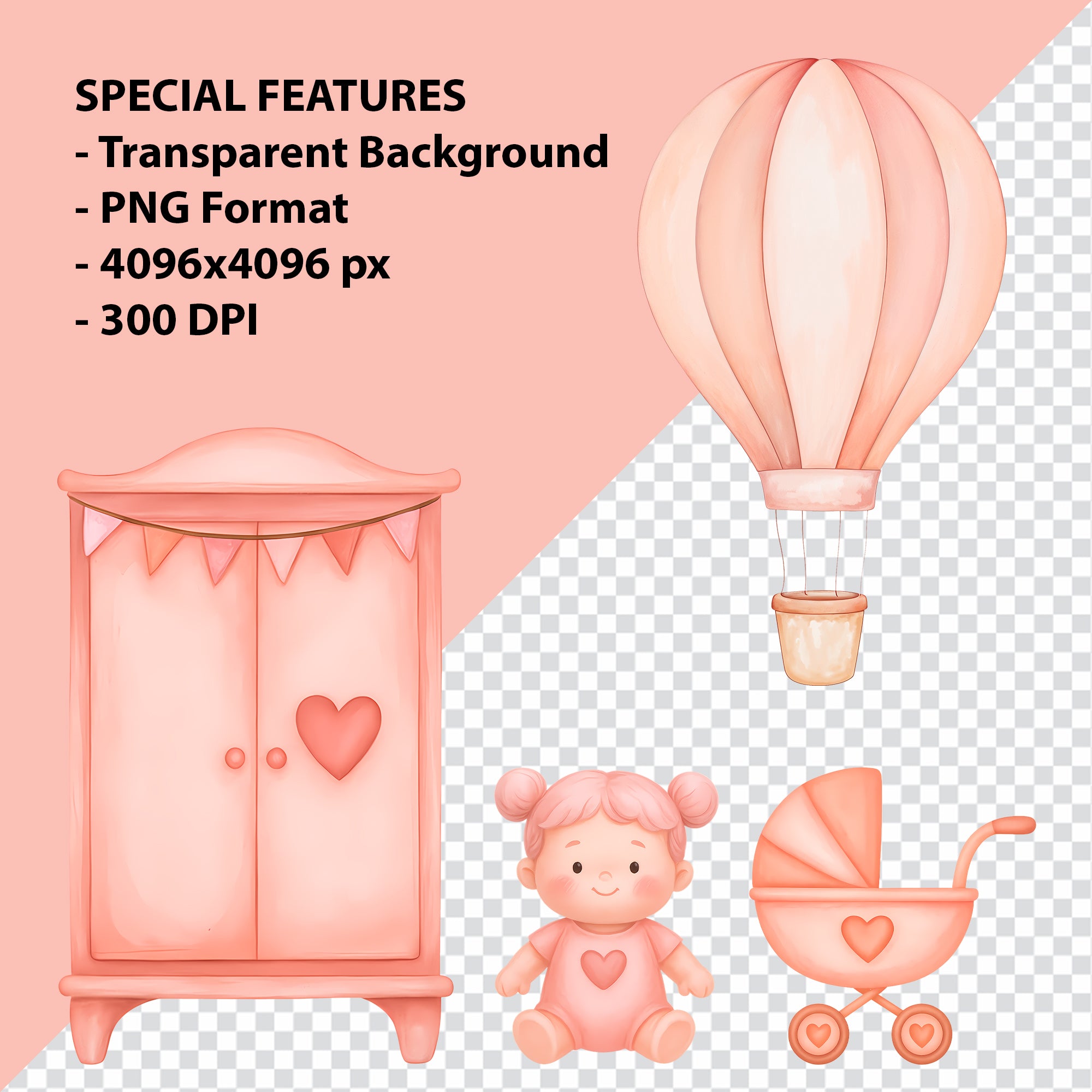 Baby Girl Nursery Clipart PNG Bundle | 34 Watercolor Digital Files