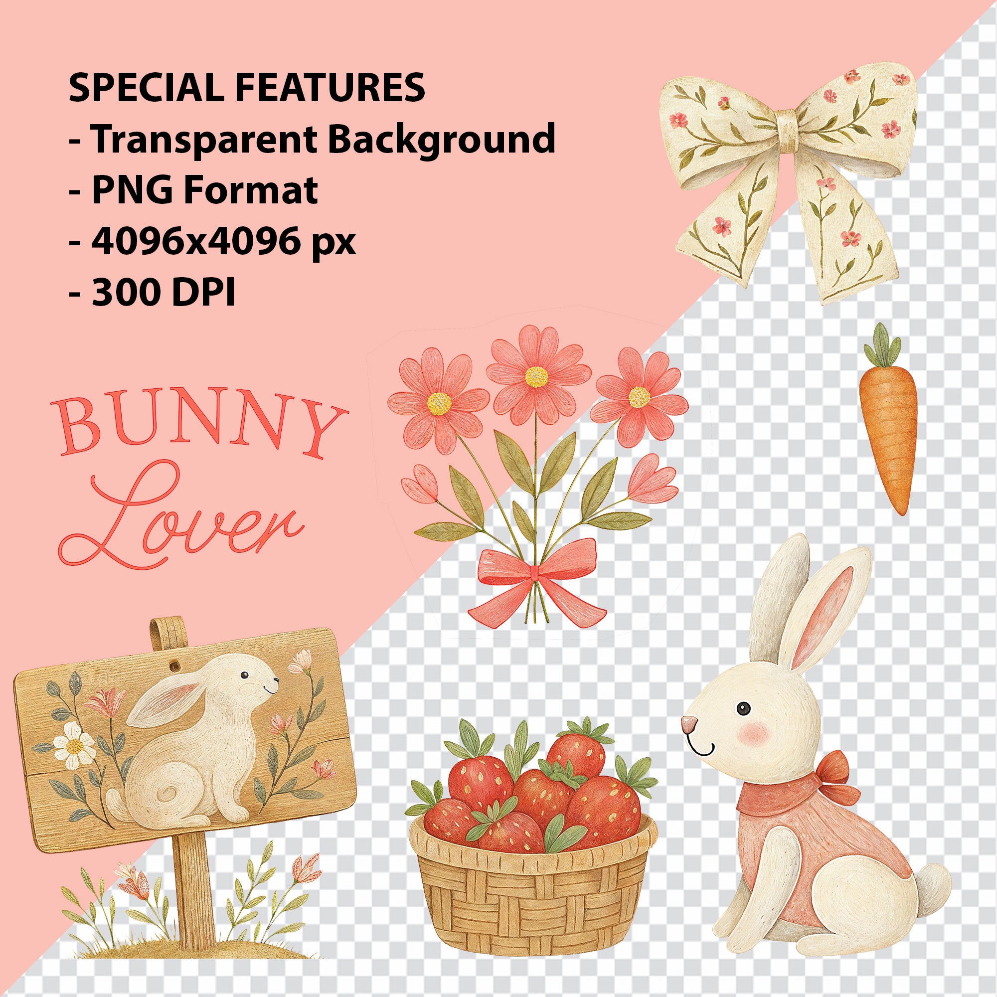 Cute Rabbits Clipart Bundle – 43 High Resolution PNG 300 DPI Digital Download